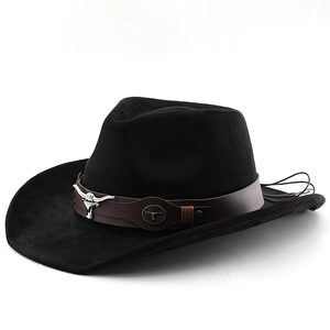 Chapeau de cowboy en daim noir avec bandeau en cuir tête de taureau et bord recourbé