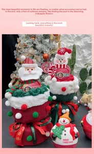Dettaglio decoro natalizio in peluche con Babbo Natale, pupazzo di neve e base in maglia