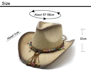 Size guide for straw cowboy hat showing 57-58cm head circumference and 9cm brim width