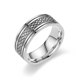 Men's titanium steel ring with wide braided texture and polished edges in silver finish