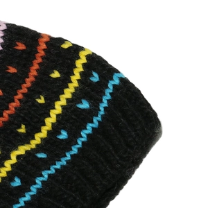 Macro shot of chunky knit pattern with orange, yellow, and blue wavy stripes on beanie