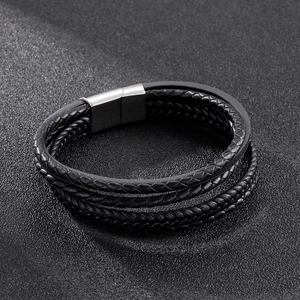 Multi-layer black braided leather bracelet for men with silver magnetic metal clasp