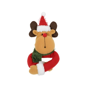 Christmas reindeer curtain tieback with long arms and a red hat on a white background