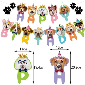 Dog themed happy birthday banner with various cute puppy breed patterns for pet party decor