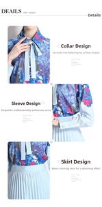 Detail of floral polo shirt with bow-knot neckline and pleated high-waist skirt set