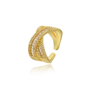 Luxurious gold-plated criss-cross open ring with shimmering pave-set cubic zirconia stones