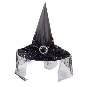 Detail of black wizard hat with silver star moon sequins and sheer mesh veil for Halloween