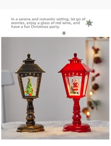 Close-up of vintage Christmas lanterns with Santa and tree inside glowing water glitter
