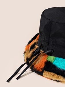 Detail of colorful faux fur brim and black fabric crown on this warm winter bucket hat