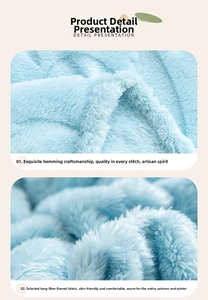 Macro shot of light blue flannel blanket showing fiber texture and edge stitching details