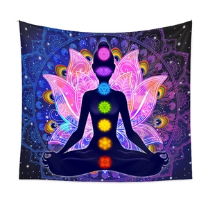 Tenture murale de méditation avec silhouette des 7 chakras, mandala et fleur de lotus