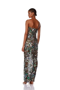 Detail view of the intricate floral sequin embroidery and backless strapless design