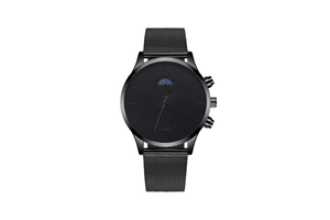 Detail of black Milanese mesh strap and moon phase dial on minimalist men's quartz watch