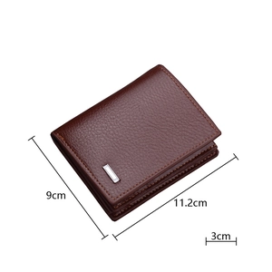Vertical dark brown leather wallet for men with dimensions 9x11.2x3 cm and metal logo plate