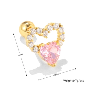 Detail view of pink heart piercing earring with gold frame and size specifications
