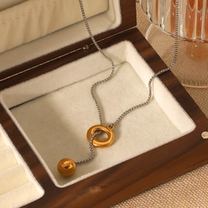 Minimalist Stainless Steel Y Shaped Lariat Necklace Geometric Gold Silver Two Tone Circle Ball Pendant Jewelry For Women