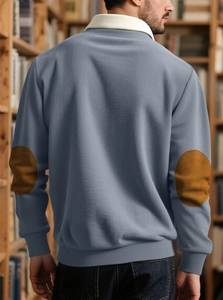 Men's grey-blue knit sweater back view with brown suede elbow patches details