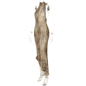 Detail of sexy backless leopard print halter dress with asymmetric hem on mannequin