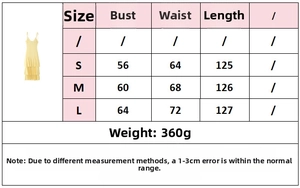 Size chart detail for fringe long dress with bust, waist, and length measurements in cm