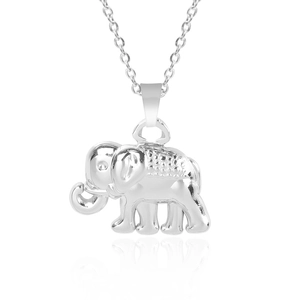 Detailed view of a silver elephant pendant with a textured finish on a sleek steel chain