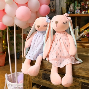 Adorable plush rabbit dolls in blue and pink floral dresses for girls gift