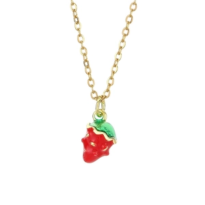 Pastoral style necklace featuring a red strawberry pendant on a golden metal chain