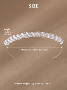 Detail view of pearl and crystal beaded bridal headband with size and weight dimensions