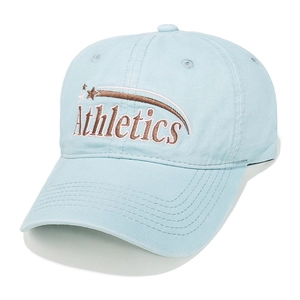 Detail of light blue cotton baseball cap with brown Athletics 3D embroidery texture
