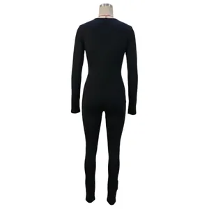 Women's slim fit black long sleeve bodysuit with high waist and round neck design