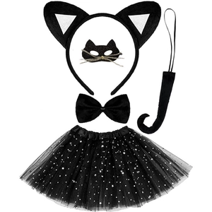 Détails du costume chat noir 5 pièces avec masque, oreilles, queue, noeud et jupe tutu étoilée