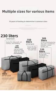 Size chart for Oxford moving bags showing capacities from 40L to 230L with dimensions