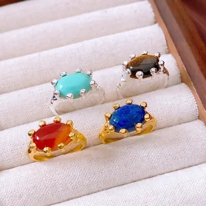 Vintage 18K gold plated oval stone open rings with turquoise and tiger eye gemstones