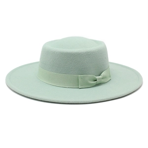 Retro Boater Hat Wool Felt Flat Top Wide Brim Ribbon Bow Elegant British Style Fedora Unisex