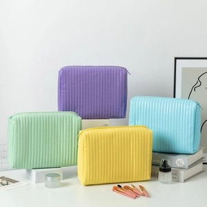 Quilted leather cosmetic bags set in pastel colors with sleek zipper closure