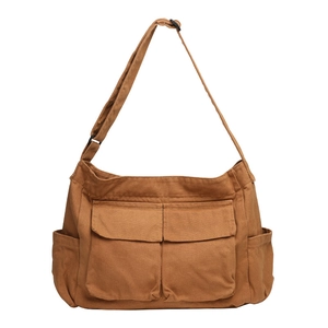 Retro canvas messenger bag with multiple pockets and adjustable strap in camel brown