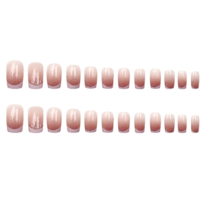 24pcs French gradient fake nails with rose pink ombre and silver glitter short square design
