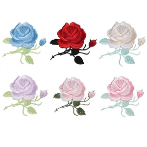 Detailed grid of embroidered rose patches in six vibrant colors on white background