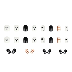 Kit de 24 faux ongles avec motifs de chien noir et blanc et design à carreaux orange