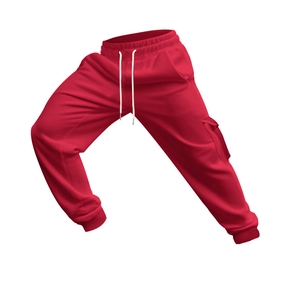 Details einer roten taktischen Jogginghose mit Cargotaschen und weißen Kordelzügen