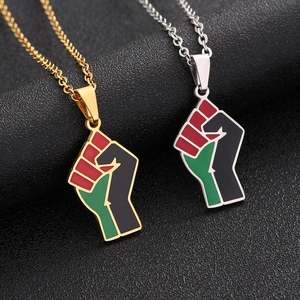 Stainless Steel Africa Fist Pendant Necklace Enamel Red Black Green Power Symbol Jewelry For Men Women