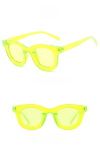 Detail view of fluorescent green chunky round sunglasses from front and side angles
