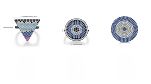 Detail view of pixel style S925 silver rings with turquoise and blue zircon inlay