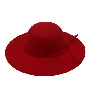 Elegant wide brim red wool felt fedora hat featuring a matching ribbon bow decoration
