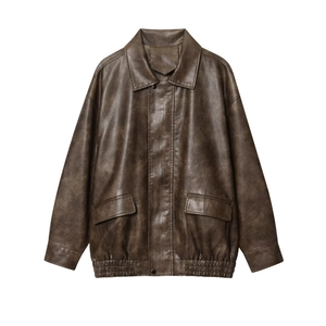 Vintage dark brown PU leather pilot jacket with lapel collar and elastic hem for women