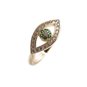 Gold plated open ring with evil eye design featuring green and white cubic zirconia