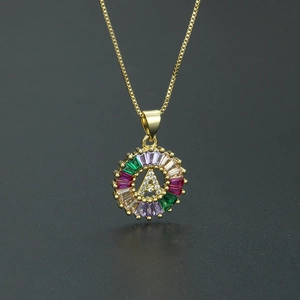 Gold plated alphabet A necklace with multi-color rectangular zirconia stones on gray background