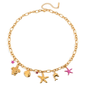 Golden stainless steel ocean theme necklace with starfish shell and turtle charms