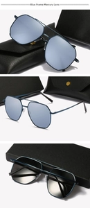 Detail of blue metal aviator sunglasses with silver mirror lenses and leather case