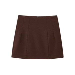 Detailed view of the dark brown mini skirt with a classic A-line silhouette and woven texture
