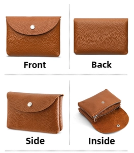 Brown litchi grain leather coin purse showing front, back, side and interior views